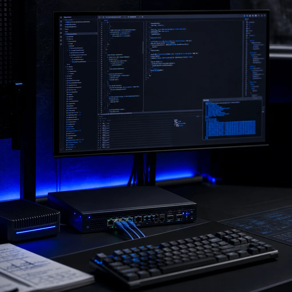 Security engineering workstation with code, terminal and network equipment