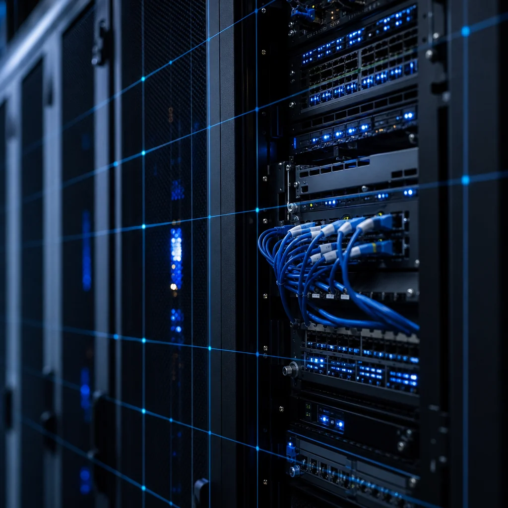 Blue-lit server racks and network cabling in a cybersecurity data center